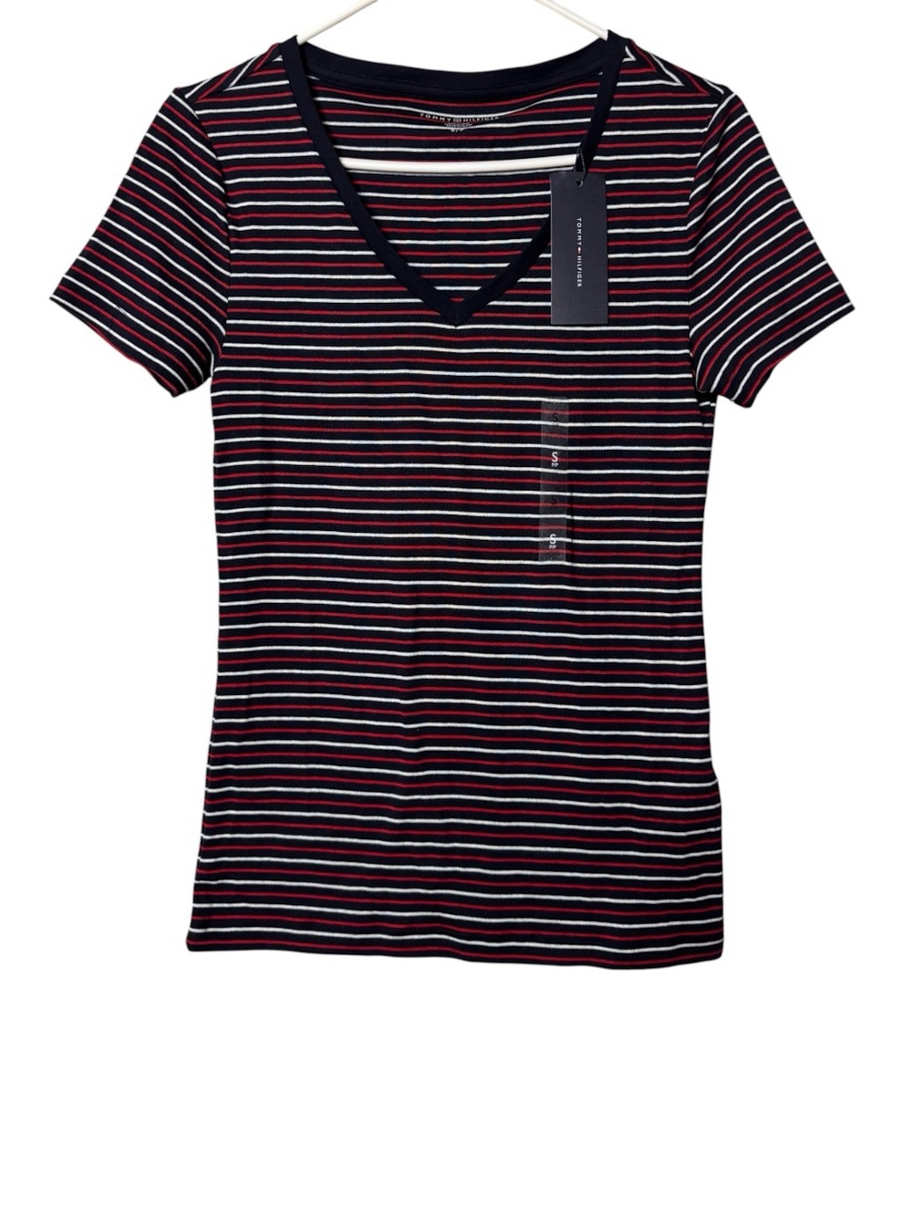 Tommy Hilfiger Women's Basic V-Neck Tee in Navy Red & White Sz S New With Tag